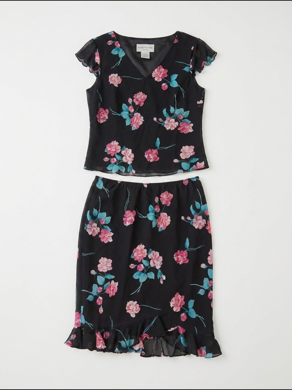 Evan Picone Black Top And Skirt with Pink Floral Accent
